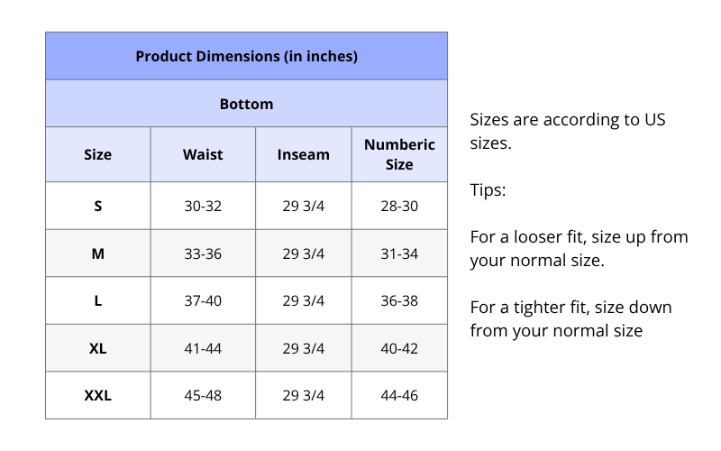 Product dimensions chart for pants with size guide in inches