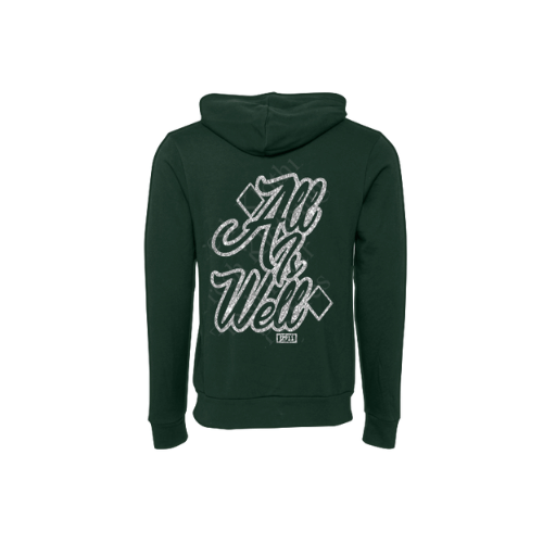 A green hoodie with 'All is Well' text in white on the front.