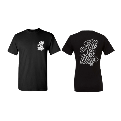 A black short-sleeved pocket tee with a white and silver logo on the front and back.