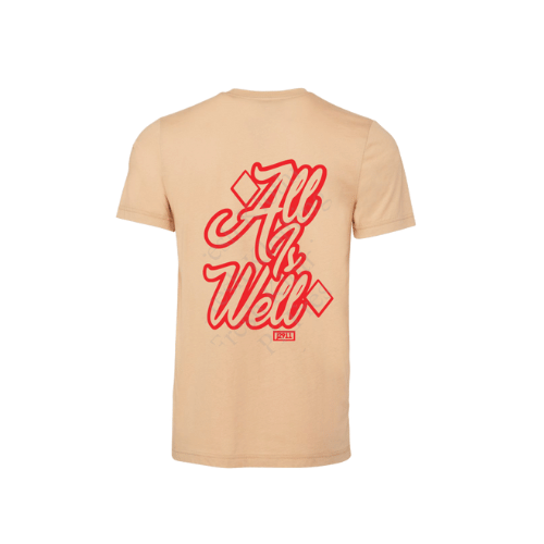 A beige t-shirt with a red and white text logo that reads 'All is Well' on the front.