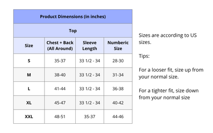 Product dimensions chart for tops in inches with size guide on a white background